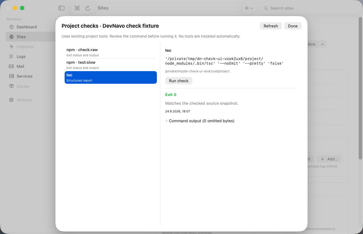 DevNavo showing a successful TypeScript project check