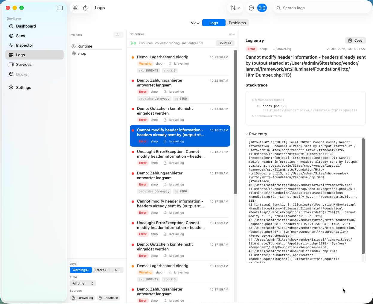 DevNavo Logs mit Fehlern aus shop, ausgewähltem PHP-Fehler, Stacktrace und Quellstelle index.php Zeile 20
