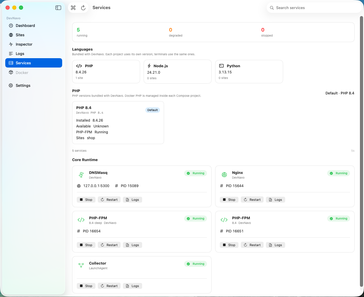 DevNavo Services mit PHP, Node.js und Python sowie laufenden Diensten für Nginx, DNSmasq und PHP-FPM